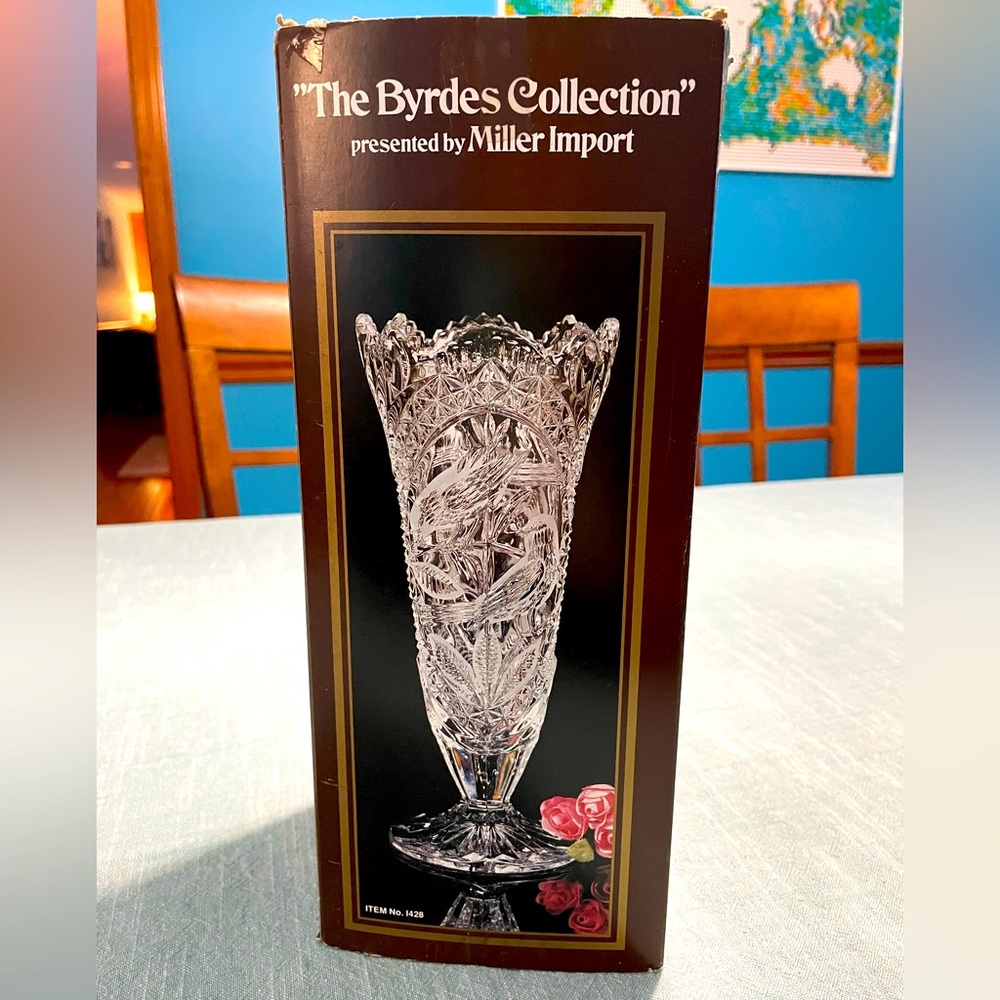 The Byrdes Collection hand cut crystal vase 10.5” x 4.5”